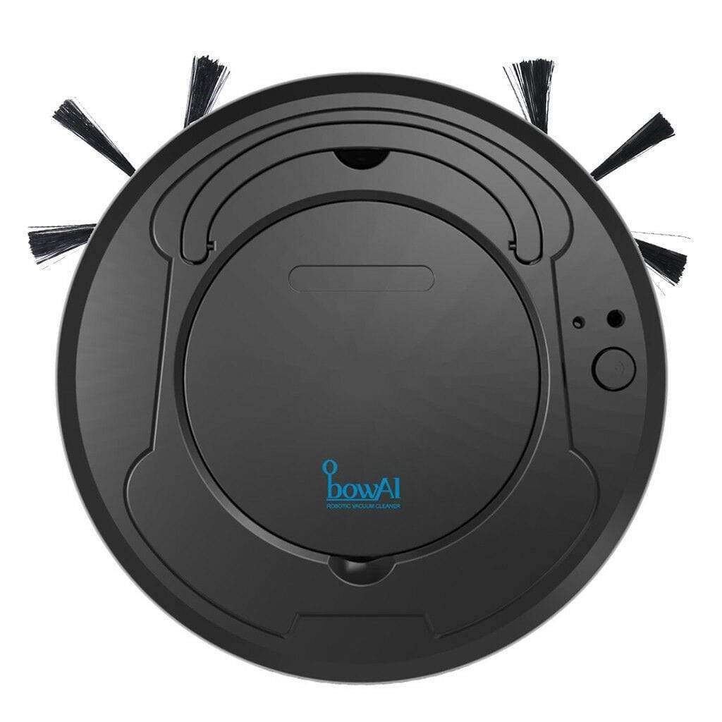 Slim black 3-in-1 robot vacuum with multiple side brushes and touch-control panel for efficient cleaning