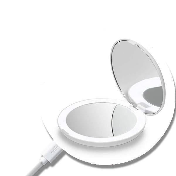 Compact rechargeable LED handheld mirror with 1X and 10X magnification, USB charging, and bright even lighting for makeup touch-ups.
