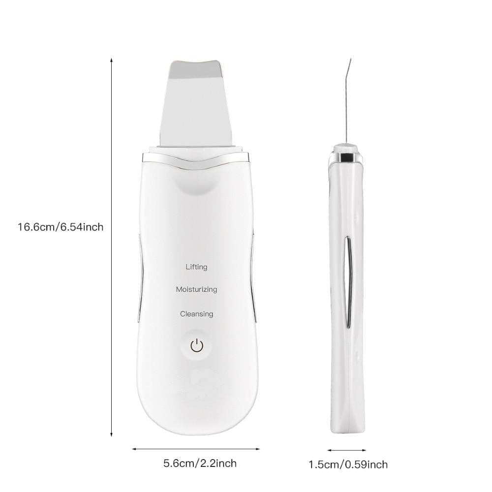 White ultrasonic deep facial cleanser and face scrubber with three adjustable modes, compact design shown with dimensions.
