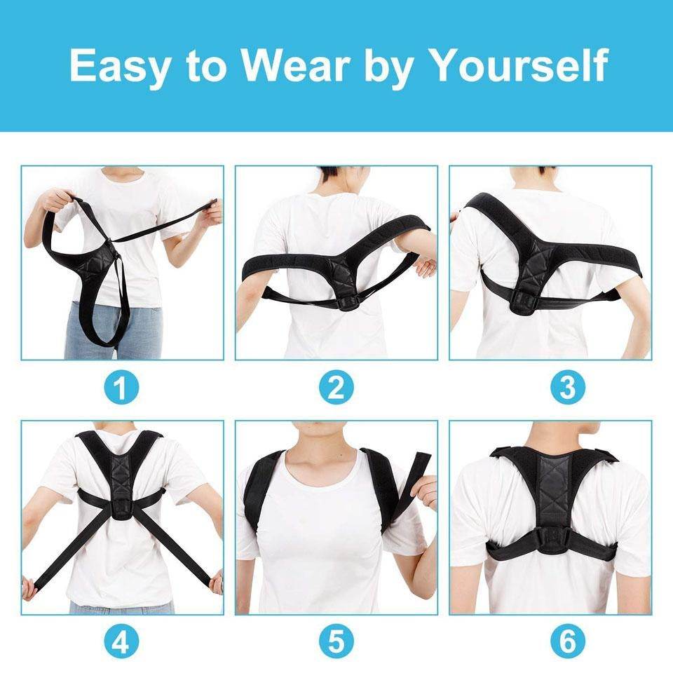 Adjustable back posture corrector belt shown being worn and adjusted step-by-step on a person with black straps over a white shirt.