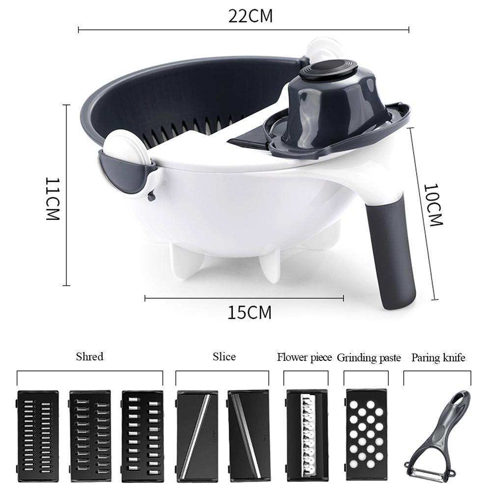9-in-1 white and gray drain basket vegetable slicer with multiple knife heads and non-slip handle for easy cutting and washing.