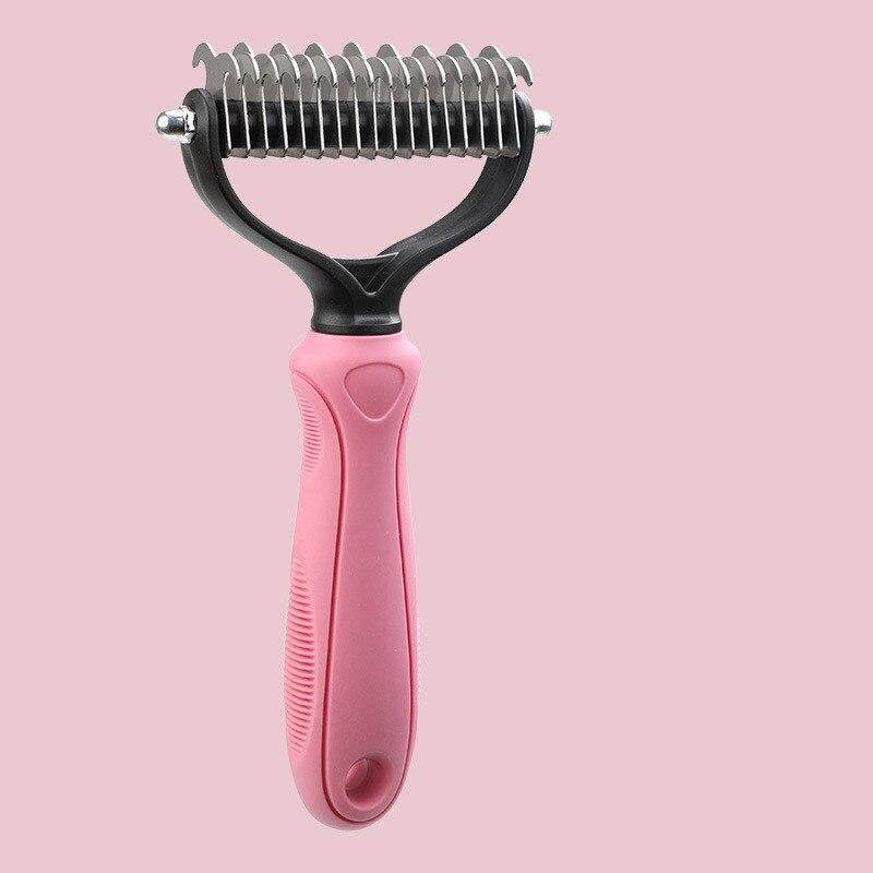 Pet Fur Knot Remover Comb with ergonomic pink handle and stainless steel dual-sided teeth for gentle pet grooming and detangling