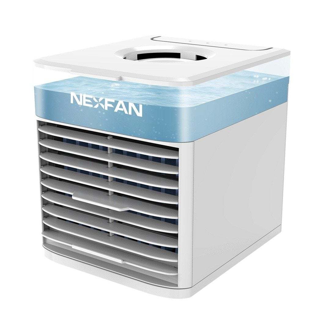 Compact white NexFan Mini Home Air Conditioner with water tank and front air vents for cooling and humidifying small spaces