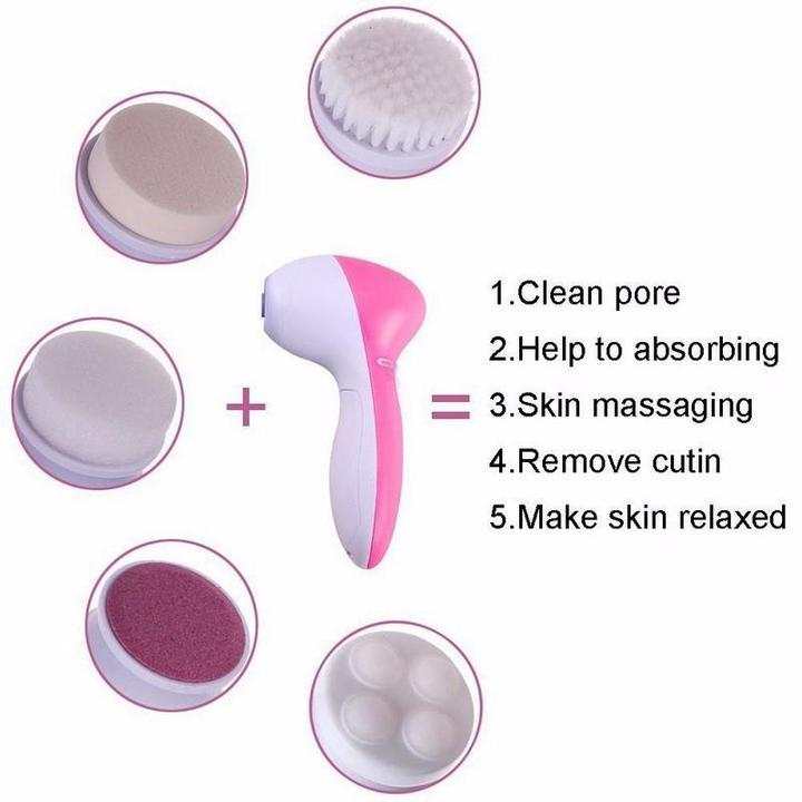 Electric facial cleansing brush set with five interchangeable heads for deep cleaning, exfoliating, massaging, and skin relaxing.