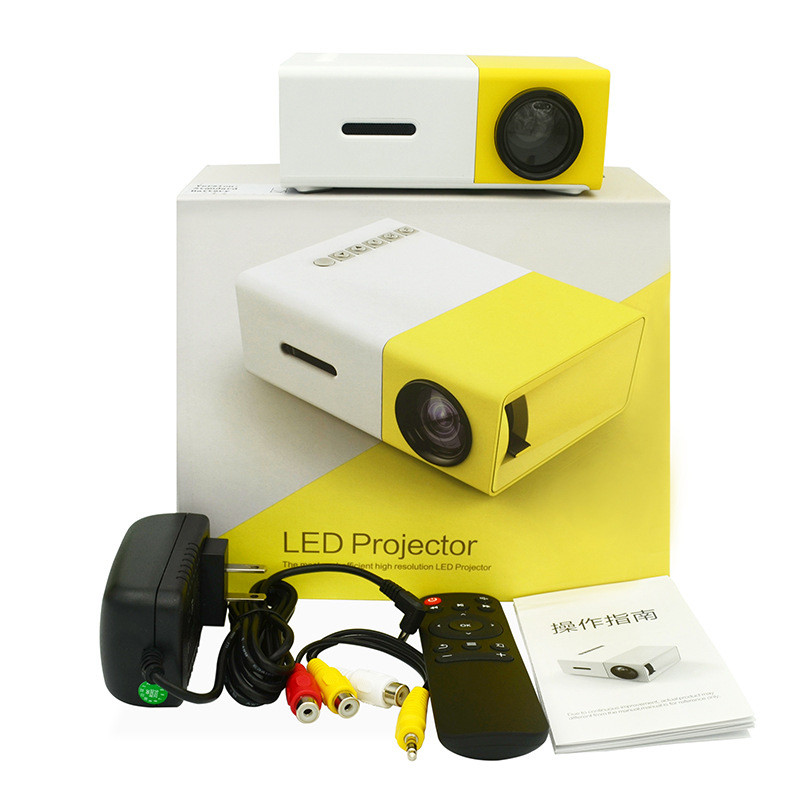 Mini 1080P LED Projector with remote, power adapter, AV cables, and user manual on white background