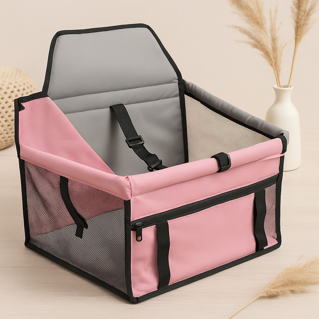 Foldable pink and gray pet car hammock seat with adjustable tether and mesh sides for secure pet travel