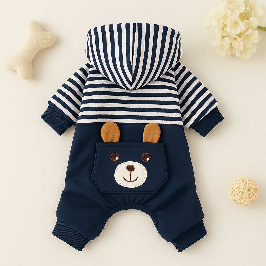Navy blue and white striped dog hoodie with bear face pocket, cozy and warm winter pet outfit