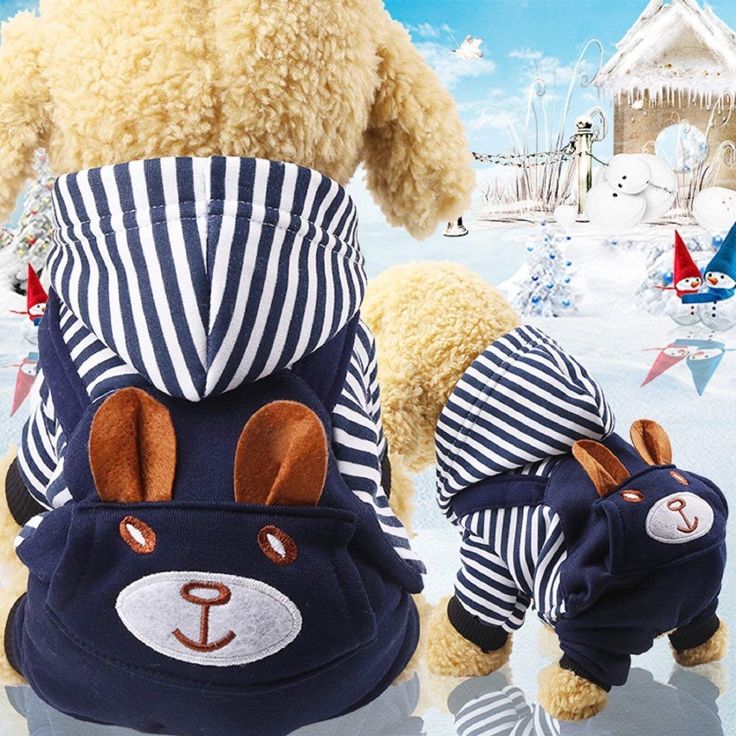 Small dog wearing a navy and white striped dog hoodie with bear ears and face on back outdoors in winter setting