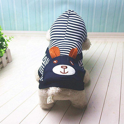 Small dog wearing a navy and white striped dog hoodie with a bear face design on the back, indoor setting with wooden floor and light blue wall.