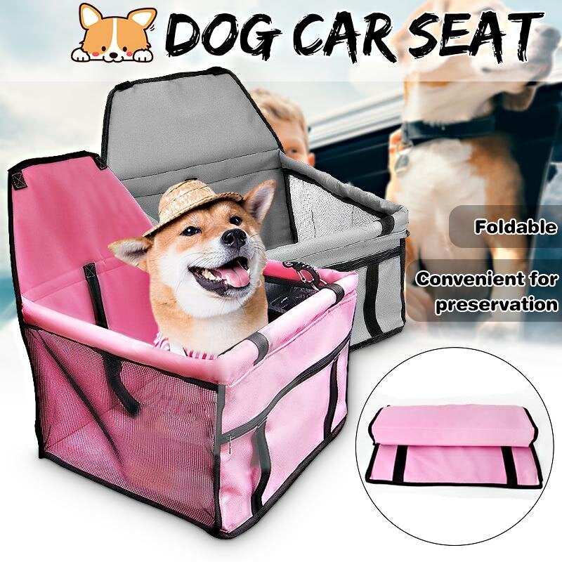 Pet car hammock seat foldable and secure for dogs in pink and gray colors with mesh sides and padded support.